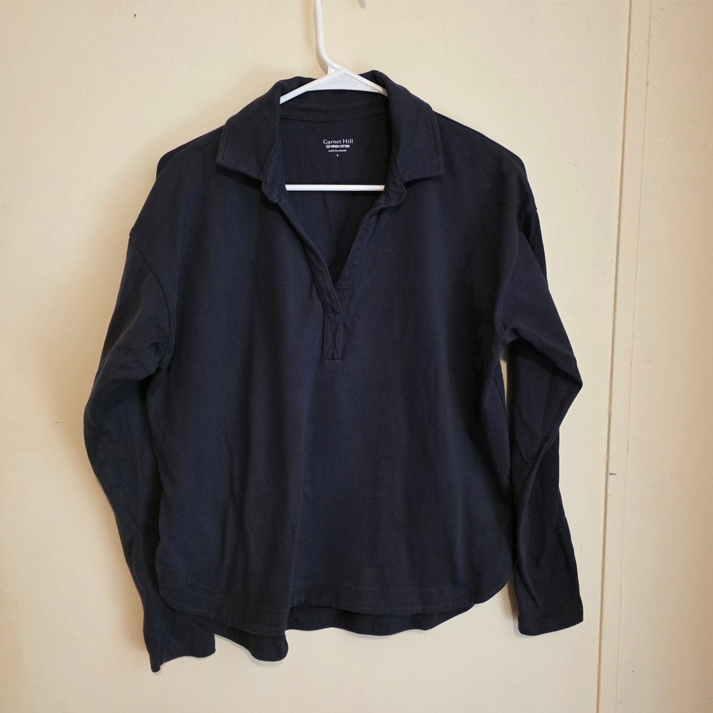 Garnet Hill Womens Organic Cotton Polo Shirt Size Small Navy Blue Long Sleeve